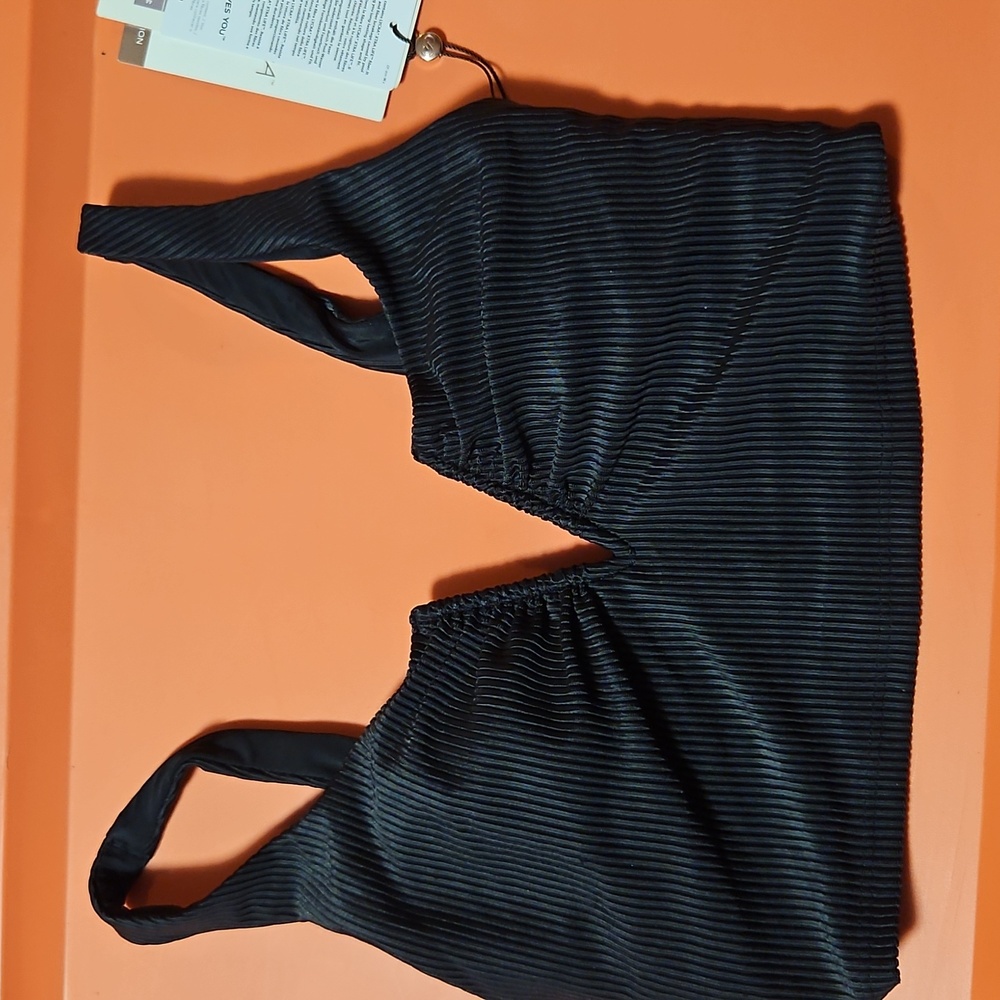 CALIA V Notch Double Scoop Bikini Medium Support Swim Top: BLACK RIB: NWT: XS